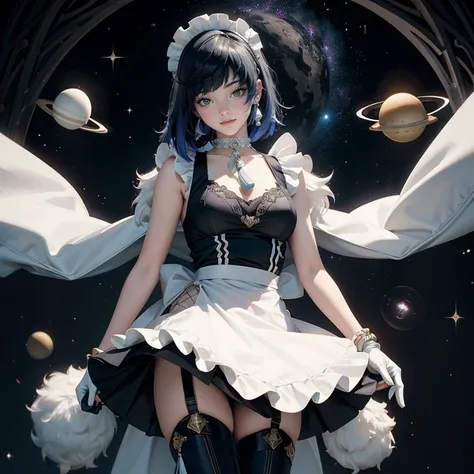 Short hair, navy hair, white roses, ornament hair, roses on her hair, maid, maid dress, maid headdress, maid apron, 1girl, white maid dress, jewelry, flowing hair, space scene, space scenery, maid dress with a short skirt and layers, navy laces, frills, bl...