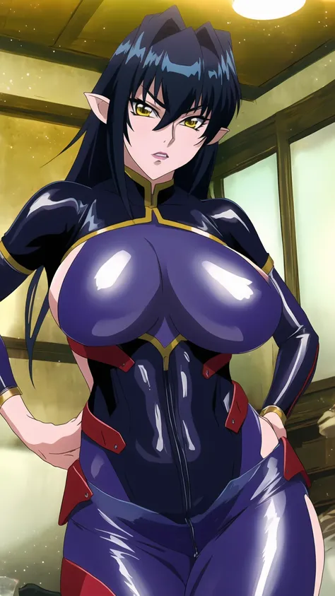 Annerose, 1girl, female mature, action pose, long hair, black hair, pointy ears, yellow eyes, large breasts, (bodysuit:1.05), higheels, shiny clothes, (skin tight:1.05), hair intakes, cowboy shot, perfect body, (athletic body:1.1), anime face, perfect face...