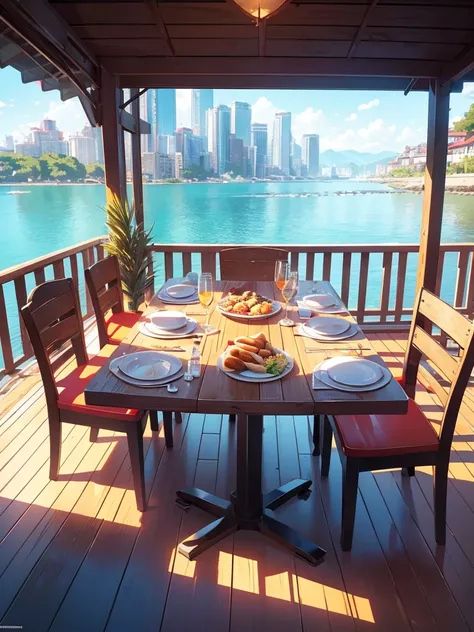 Realistic, real life, beautiful breakfast table by the water with background by greg rutkowski, style of laurie greasley, studio ghibli, geovane tarantino, james gilleard, genshin impact, pixiv trend fanbox, acrylic palette knife, 4k, (vibrant colors), (br...