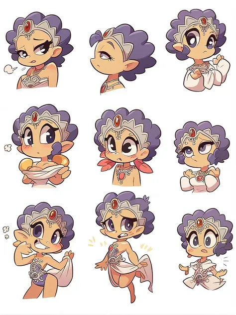 Cute and humorous Q version Chinese girl，big eyes，sticker，6 different facial expressions，expression board，Various poses and expressions，Anthropomorphic style，Ancient and classic style，Showing a variety of emotions，Cartoon illustration，Vector illustration, ...