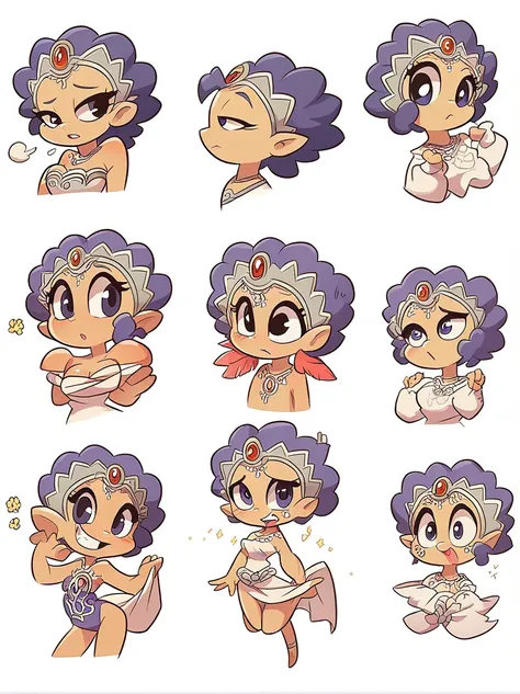 Cute and humorous Q version Chinese girl，big eyes，sticker，6 different facial expressions，expression board，Various poses and expressions，Anthropomorphic style，Ancient and classic style，Showing a variety of emotions，Cartoon illustration，Vector illustration, ...