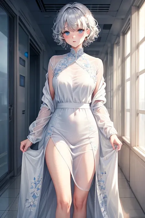 One Woman Man,Silver Hair,short hair,Curly Hair,Blue Eyes,White long dress_Floral,White long skirt_Floral,Wearing a white coat,Wearing a white coat,Health Room,blush,Small ,,clear,Small breasts