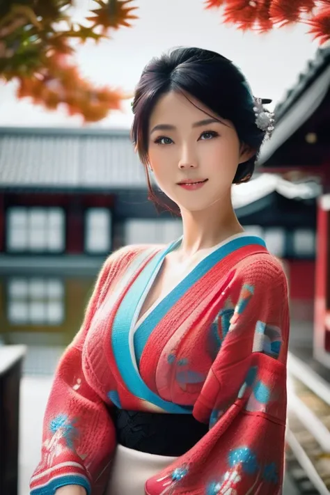 40 years old, Japanese women photos, Black Hair, Very elegant, wearing a knitted dress, Perfect rare face, Highly detailed skin), Skin Texture, White skin, Glossy Perfect Eyes, Realistic, Film Grain, Put one foot in front of the other、Looking up from below...