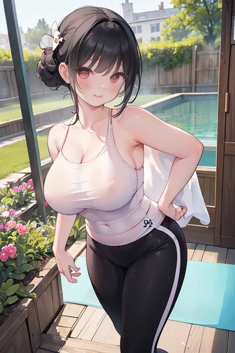 masterpiece、1 female student、(((Missing arm，Bare arms，Towel wrap)))White cloth bun、Shoulder leakage、chubby、Smile、(((Lace、black yoga pants)))pale pink lips、posing at school，（Soaked），legs are open， 独奏,  looking at the audience,  (Thick thighs:1.0),Red eyes, ...