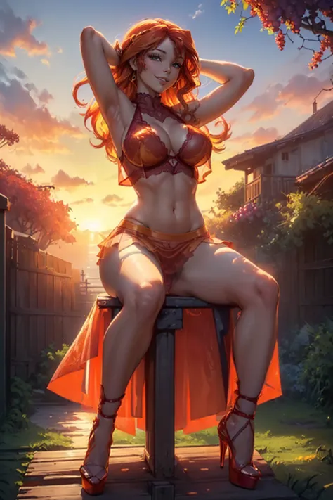 (((beautiful female body))),(((sunset shimmer as a sweet charming hot seductive horny model))) ,(((red and yellow hairs))),(((sit on the fences leant to grape tree crossed legs)))), (((outdoor with blue sky in background))),(((jungle in background))),(((le...