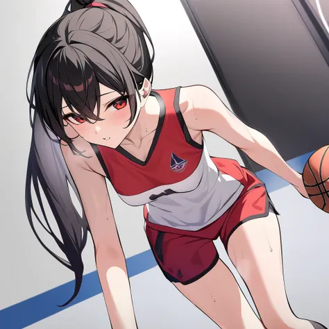 ((Highest quality)), ((masterpiece)), (detailed), ,slender. ((Rin々Beautiful female basketball player))　small breasts　Black Hair　Long-haired ponytail　((A loose red sleeveless uniform))　Red shorts　Thin legs　Sit with your legs apart　stretch　Leg spread　clavicl...