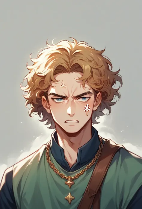 Create a high quality Renaissance image of a young male angel with curly hair flying and with anger and sadness in his eyes