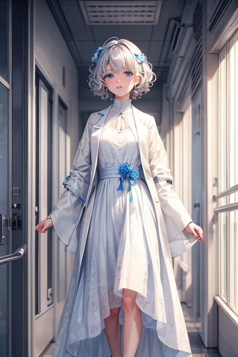 One Woman Man,Silver Hair,short hair,Curly Hair,Blue Eyes,White long dress_Floral,White long skirt_Floral,Wearing a white coat,Wearing a white coat,Health Room,blush,Small ,,clear,,flat chest