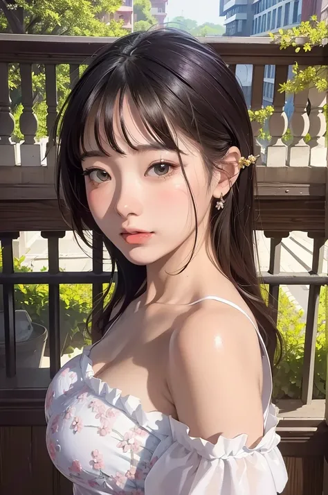 (masterpiece),(best quality:1.0), (ultra highres:1.0), detailed illustration, portrait, detailed, girls, detailed frilled clothes, detailed beautiful skin, face focus, in street, spring, flowers in  balcony,