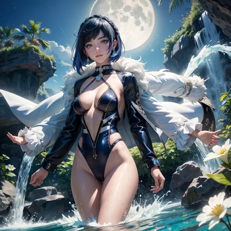 1 girl, lake scene, seat on the water, black suit, white details on her clothes, waterfall, white flowers on focus, full moon, night, flowing hair, crystals, sparkles, swim suit, navy hair, short hair