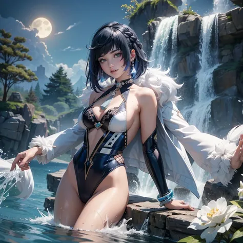 1 girl, lake scene, seat on the water, black suit, white details on her clothes, waterfall, white flowers on focus, full moon, night, flowing hair, crystals, sparkles, swim suit, navy hair, short hair