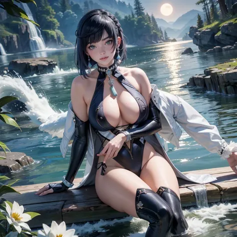 1 girl, lake scene, seat on the water, black suit, white details on her clothes, waterfall, white flowers on focus, full moon, night, flowing hair, crystals, sparkles, swim suit, navy hair, short hair