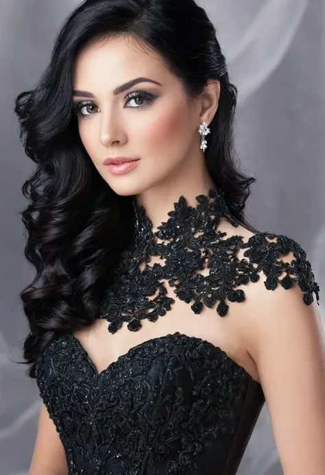 A close up of Beauty Woman with black hair using a black wedding dress