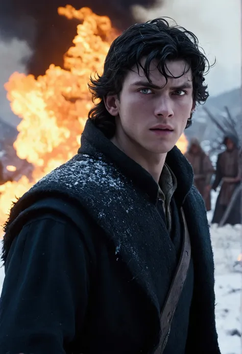 An epic scene where, In the middle of a destroyed and cold village, covered in dense snow, the protagonist, a young man with dark hair and shining golden eyes, hurt by the confrontation, awakens the power of fire and has a Gran Sudaruska deepwoken ax