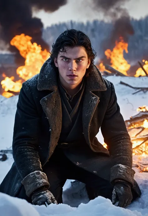 An epic scene where, In the middle of a destroyed and cold village, covered in dense snow, the protagonist, a young man with dark hair and shining golden eyes, hurt by the confrontation, awakens the power of fire and has a Gran Sudaruska deepwoken ax