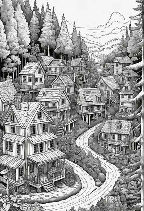 line art drawing of a small town hidden in the forest