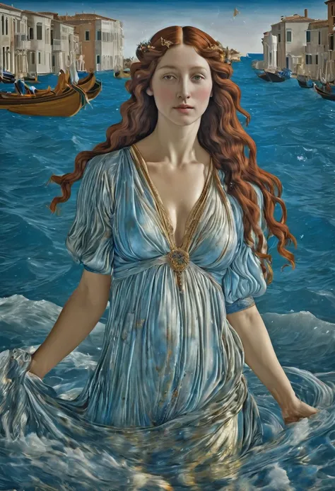 Born of Venus, sandro botticelli, ​masterpiece, Full body, 4d 8k, wet effect blue tones, realistic detailed