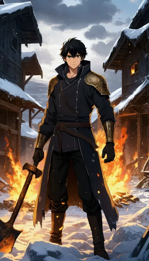 An epic scene where, style of anime, In the middle of a destroyed and cold village, covered in dense snow, the protagonist, a young man with dark hair and shining golden eyes, hurt by the confrontation, awakens the power of fire with a black war ax with fi...