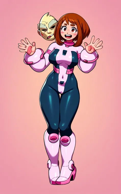 1girl, two heads, conjoined,solo, Uraraka Ochako, thick_eyebrows blush_stickers, brown_hair, brown_eyes, short_hair, sideburns, shiny hair, medium breasts, skindentation +++ :D  +++ OchaCos, bodysuit, fingertip paw pad, white high-heels boots, arms wear, b...