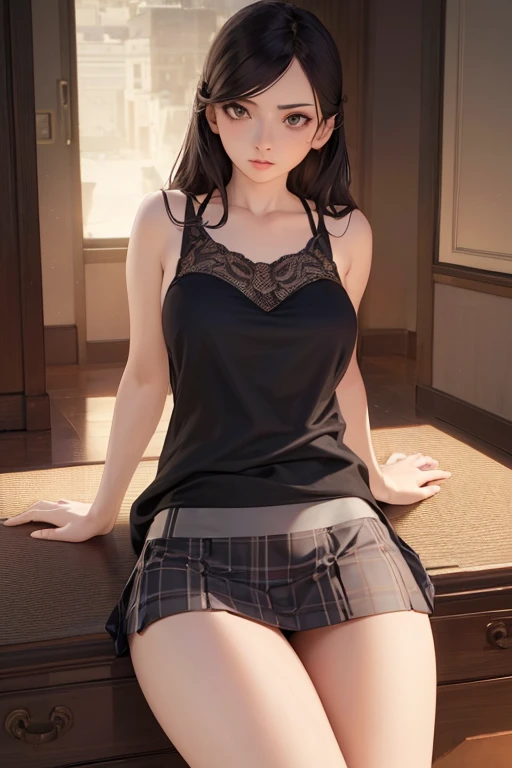 1girl, sitting with legs apart, revealing panties, mini skirt, long thick thighs, large buttocks, dsann, looking down, (best quality,4k,8k,highres,masterpiece:1.2),(realistic,photorealistic,photo-realistic:1.37),dramatic lighting,vivid colors