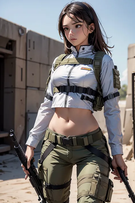 Woman in white holding a rifle and wearing headphones, 42 year old woman, young soldier, mechanized young soldier, Military Girl, beautiful female soldier, Female lead character, Military Girlราบ, Girls sniper at war, solo female character, Future combat e...