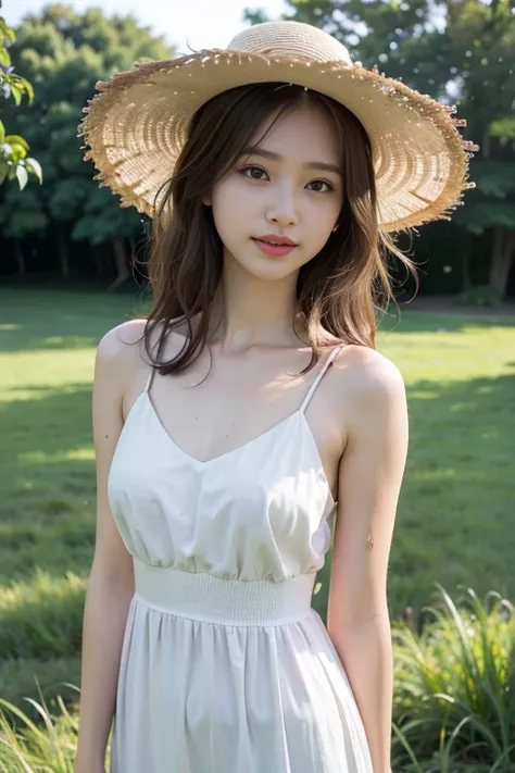 ute female idol, (21 years old:1.2), (8k, raw photo realistic:1.2), lovely idols, nervous and shy smile, hair is light brown messy, thin legs, Posing for photos
BREAK
wearing in a white dress and sun hat, (very bright backlight), nervous and shy smile, (ba...