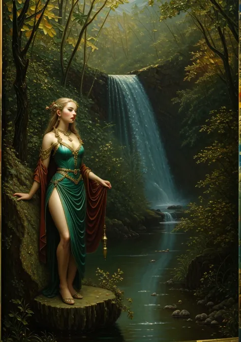 (masterpiece, best quality:1.2), (((oil painting:1.4))), 1girl, solo,  (masterpiece, ultra quality, high resolution, 8k, intricate: 1.2). female elf, looking at viewer, flowizng cloths and silver amor, the silent forested, mysterious, fantasy art, Donato G...