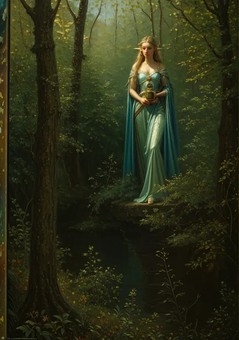 (masterpiece, best quality:1.2), (((oil painting:1.4))), 1girl, solo,  (masterpiece, ultra quality, high resolution, 8k, intricate: 1.2). female elf, looking at viewer, flowizng cloths and silver amor, the silent forested, mysterious, fantasy art, Donato G...