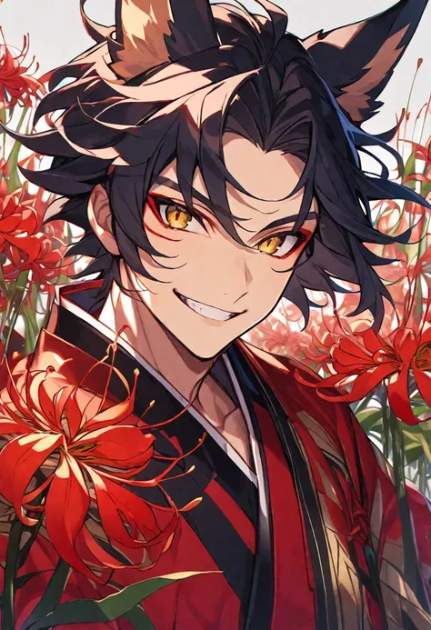 Solo, 1 male, black hair, golden eyes, red kimono, fox ears, smile facial, red spider lily, higanbana