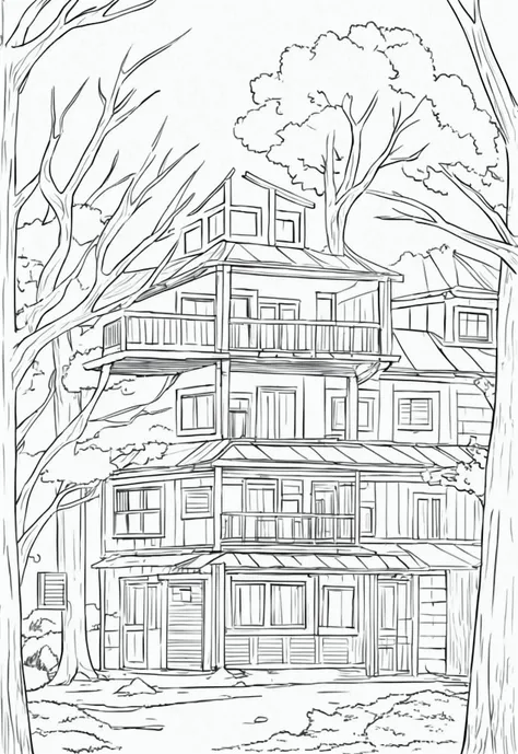 line art drawing of a small wild west town in the woods