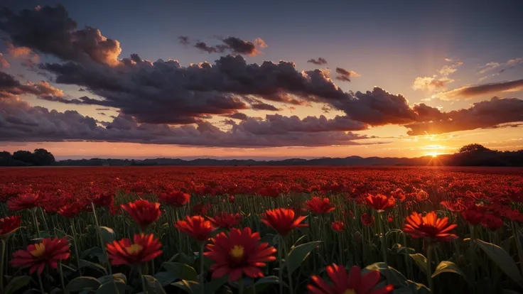 masterpiece , best quality ,sunset, field , red flower , big flower,realistic,