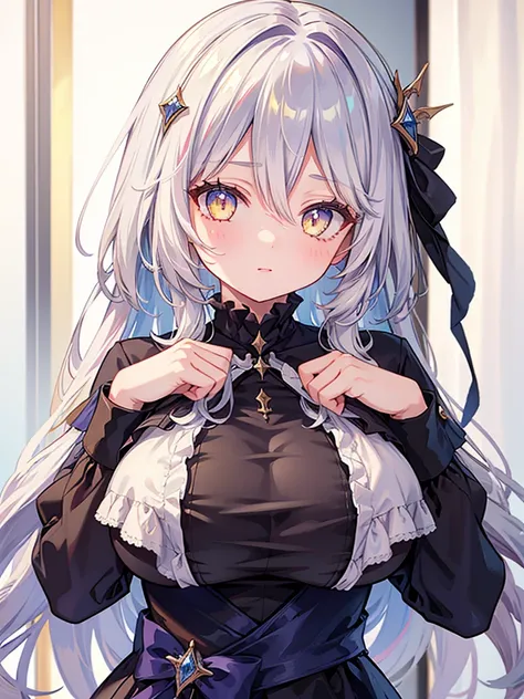 1girl, huge breast, silver hair, yellow eyes, high quality, ultra detailed, masterpiece, realistic