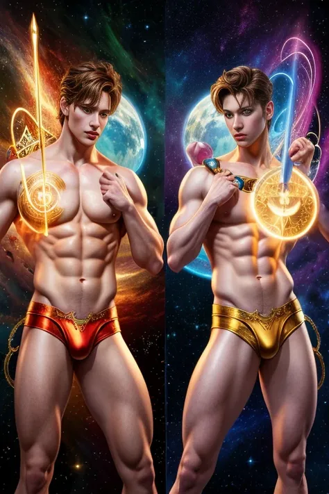 (photorealistic, masterpiece, detailed face, best quality, highres, 4k), Fantasy art style, astrological sign Gemini depicted through captivating male twin models with dualistic auras. Their sexy opposing appearances and skimpy clothing complement their tw...