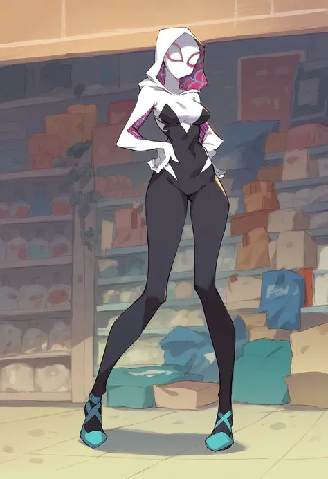 spider gwen , 1 woman, mask , abdomen , big breasts , long legs , put your hands on your hips..... , canvas shoes , convenience ...