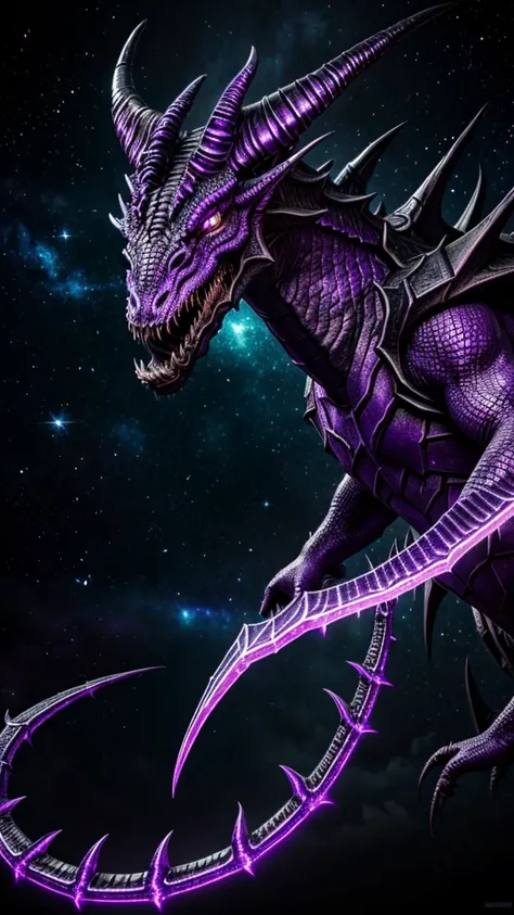 Interdimensional eldritch dragon.
Chaotic black-violet scales, chaotic violet eyes, dark violet sharp horns, large size as big as a giant galaxy. It devours galaxies with its sharp teeth and destructive fangs.
DARK FANTASY STYLE.
Quality: Ultra HD, 8k, UHD...