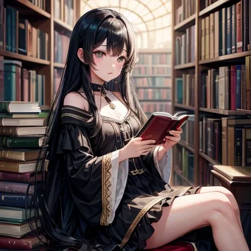 Black Hair、long hair、black eye、Black Dress、Books piled high、Luxurious library、Watching the audience、Only one person、masterpiece、Highest quality、4K、