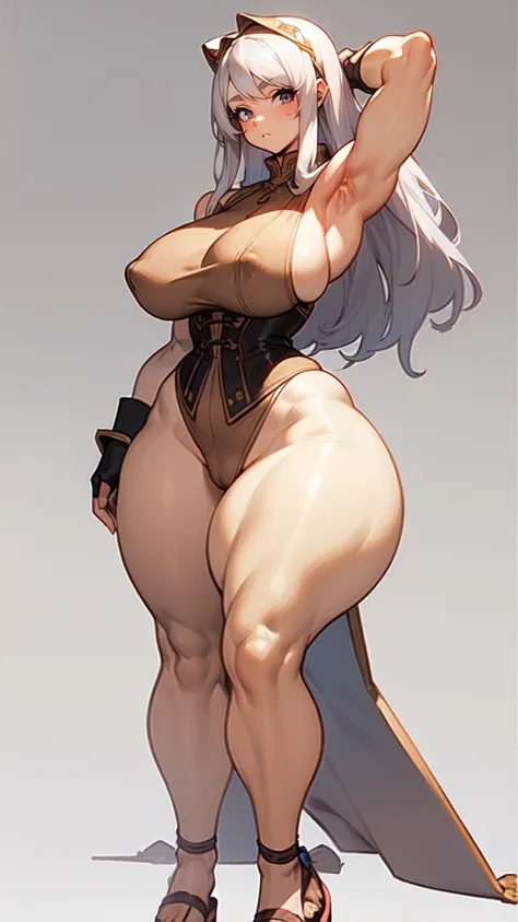 (masterpiece), best quality, female warrior, huge girl, female muscular:1.2, long hair:0.5, (silver hair), big breast, (curvy:1.7), (((blank background))), ((full body)), fingerless gloves, sandals, sleeveless, covered nipples, detailed dress, ((camel toe)...