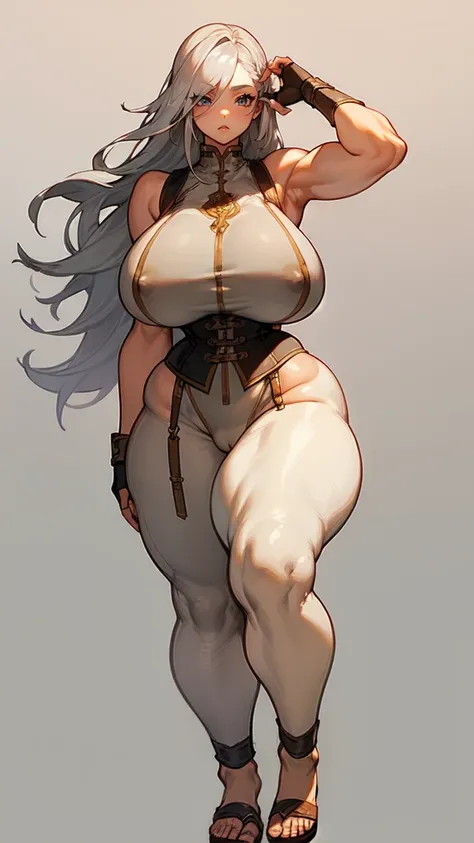 (masterpiece), best quality, female warrior, huge girl, female muscular:1.2, long hair:0.5, (silver hair), big breast, (curvy:1.7), (((blank background))), ((full body)), fingerless gloves, sandals, sleeveless, covered nipples, detailed dress, ((camel toe)...