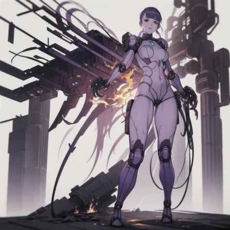 (Tabletop), (Perfect athletic body:1.2), Anime Style, whole body, Cyberpunk Girl, Sea green twin hairstyle with red eyes, Wearing a Cyber Costume, Black and Purple Flaming Fist, Burnt mechanical limbs, Standing in the Wilderness, Flame burning in the chest...