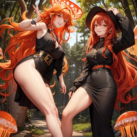 Curly hair woman, red and orange hair, black almond eyes, the expression is relaxed but with a smile,The background is a forest , with not so revealing clothes, with a tattoo of a jellyfish, long hair, an ear piercing 