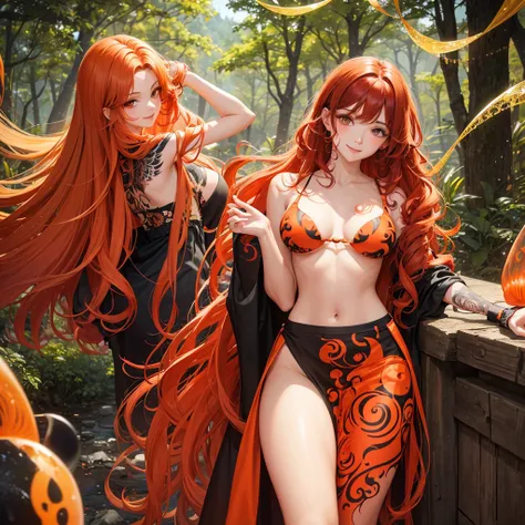 Curly hair woman, red and orange hair, black almond eyes, the expression is relaxed but with a smile,The background is a forest , with not so revealing clothes, with a tattoo of a jellyfish, long hair, an ear piercing 