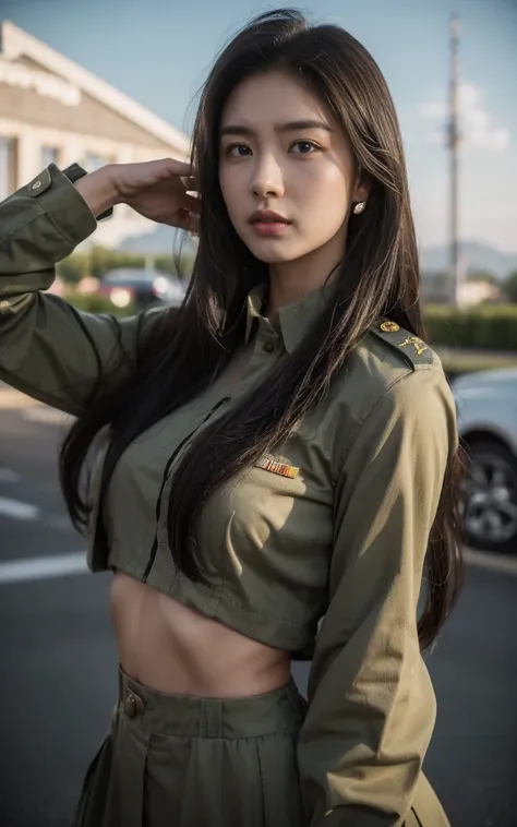 8k, best quality, extremely detailed:1.37), aliana, 18 years old, a beautiful asian girl, wearing the uniform with pride, repres...