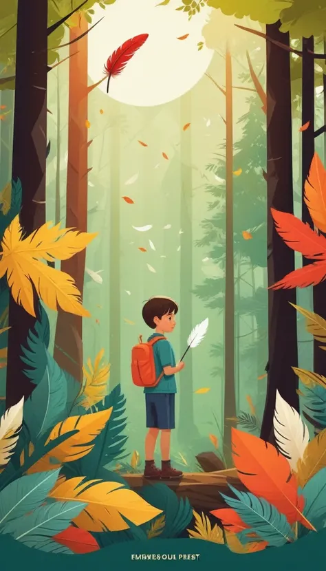 cover page, A boy and a feather  meet in the forest, flat Design, vector illustrations, graphic illustration, detailed 2d illustration, flat illustration, digital illustration, digital artwork,
