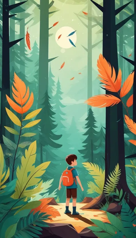 cover page, A boy and a feather  meet in the forest, flat Design, vector illustrations, graphic illustration, detailed 2d illustration, flat illustration, digital illustration, digital artwork,
