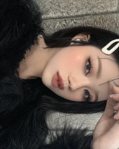 there is a woman with a pair of scissors in her hand, pale snow white skin, ulzzang, clear lips and high quality, cruel korean goth girl, 8k)), goth girl aesthetic, pale goth beauty, beautiful aesthetic face, pale porcelain white skin, black hair and large...