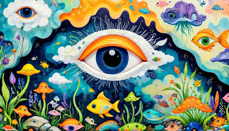 Childrens graffiti,Thick coating，Concave and convex texture，Oil pastel strokes：House on stone，Eye，mouth，A cloud、iris、fish、Tentacles、bird、Eye、diatom，A cute little animal，Abstract mosaic painting，Describing the inner world of autistic people，Sense of space，W...