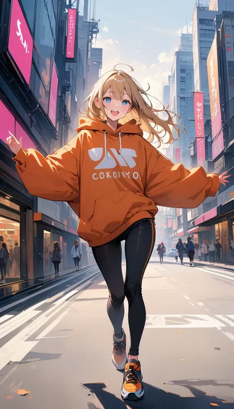 (masterpiece, best quality:1.2), very beautiful girl, blond hair, alone, Tokyo City, standing in front of a cosmetics store, happy expression, blue eyes, Accurate face, big jumper, running shoes, 