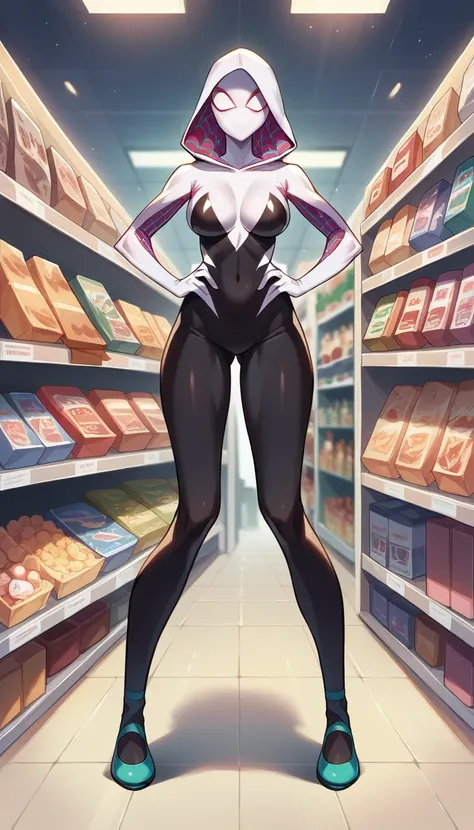 Spider Gwen , 1 woman, mask , abdomen , big breasts , Long legs , Put your hands on your hips..... , canvas shoes , convenience store