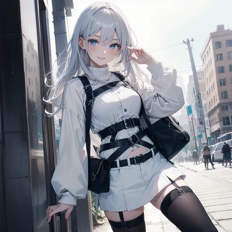 (Masterpiece, Best quality, ultra high resolution), (((1 girl))), Silver hair, Pale skin, Beautiful detailed face, Detailed eyes, posing on a white background, Dynamic lighting, dynamic shadowing, looking at viewer, White street punk fashion with blue deta...