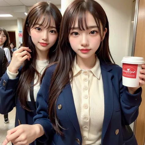 (a photo of a super cute korean female college student wearing a fluffy coat over her school uniform and drinking a hot drink:1....